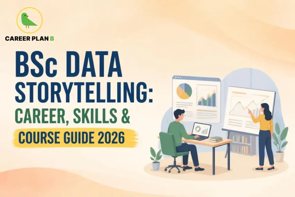 Career Plan B graphic about BSc Data Storytelling, career skills, and course guide