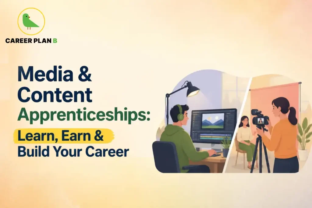 Career Plan B graphic about media and content apprenticeships, learning, earning, and career building
