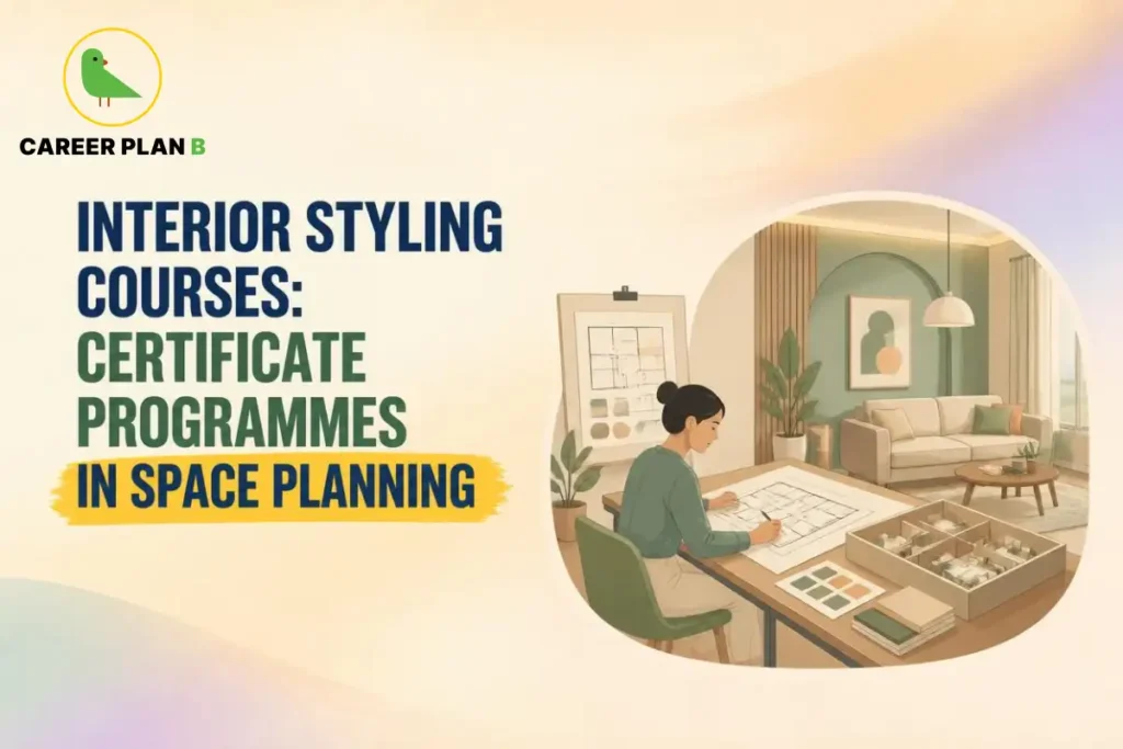Interior styling courses and space planning shown with a designer working on room layouts, featuring Career Plan B.