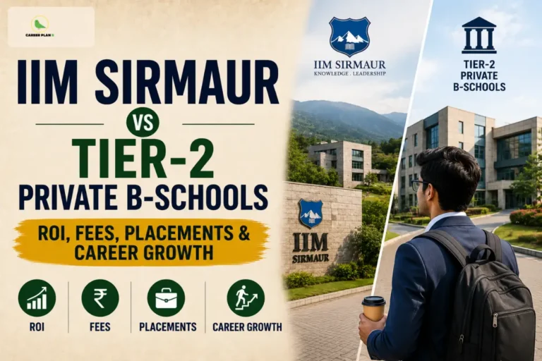 IIM Sirmaur vs Tier-2 Private B-Schools infographic comparing ROI, fees, placements, and career growth, featuring a student with a backpack looking towards the campus buildings with their logos, alongside the Career Plan B logo showing a green bird silhouette inside a gold circle.