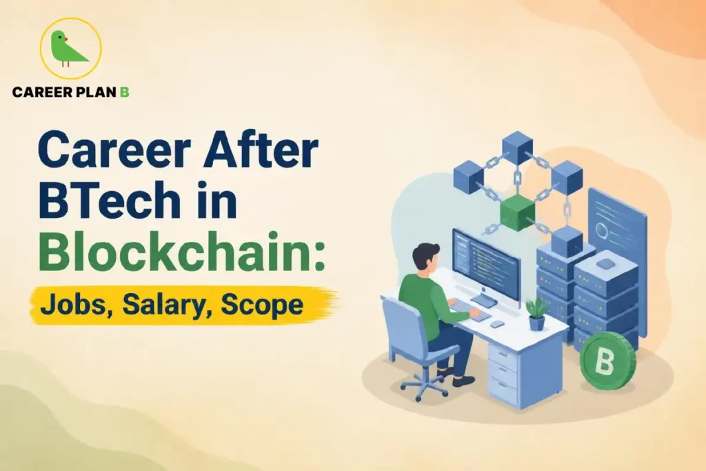 Career Plan B graphic showing BTech in Blockchain careers, jobs, salary, and scope