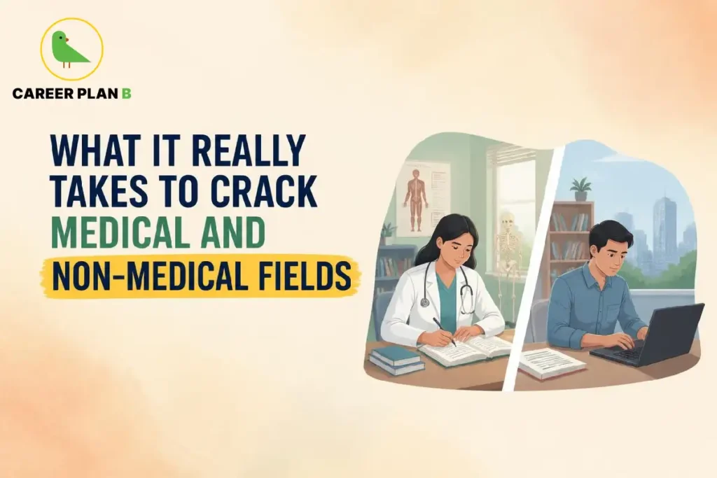 Career Plan B graphic comparing medical and non-medical fields and the skills needed to succeed