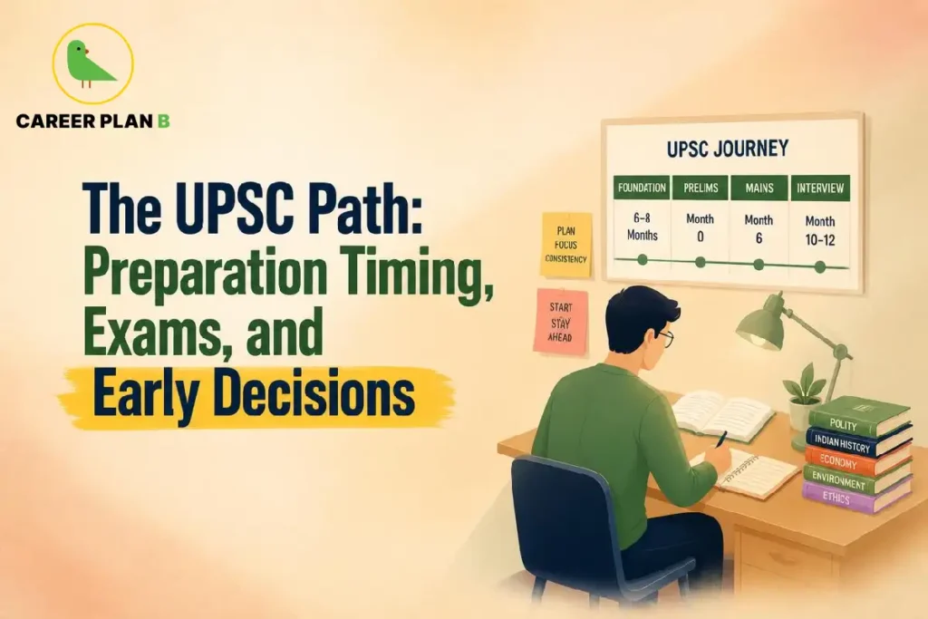 Career Plan B graphic showing UPSC preparation timing, exams, and early decisions