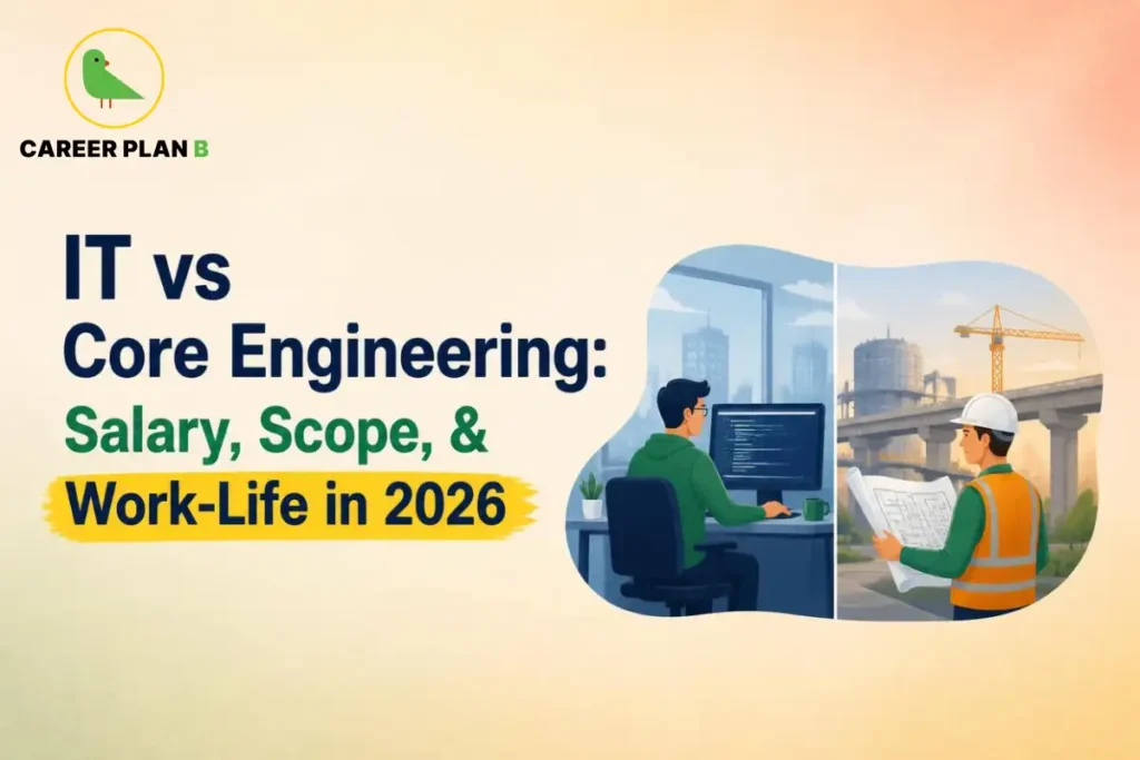 Career Plan B graphic comparing IT and core engineering salaries, scope, and work-life