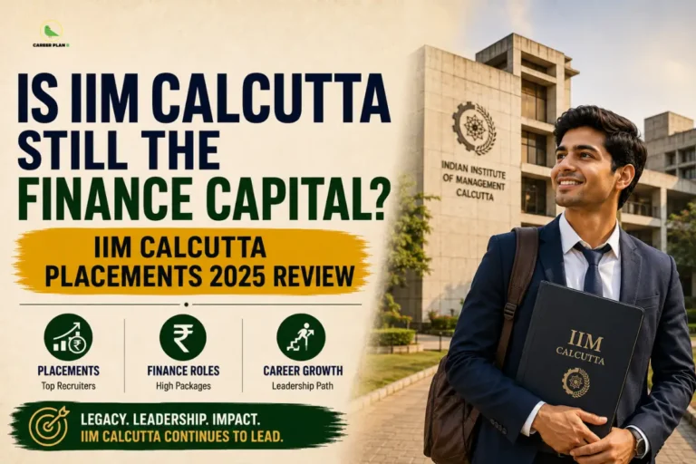 Infographic titled "Is IIM Calcutta Still the Finance Capital?" reviewing placements, finance roles, and career growth, featuring a smiling male student holding an IIM Calcutta folder in front of the campus building, alongside the Career Plan B logo with a green bird silhouette inside a gold circle.
