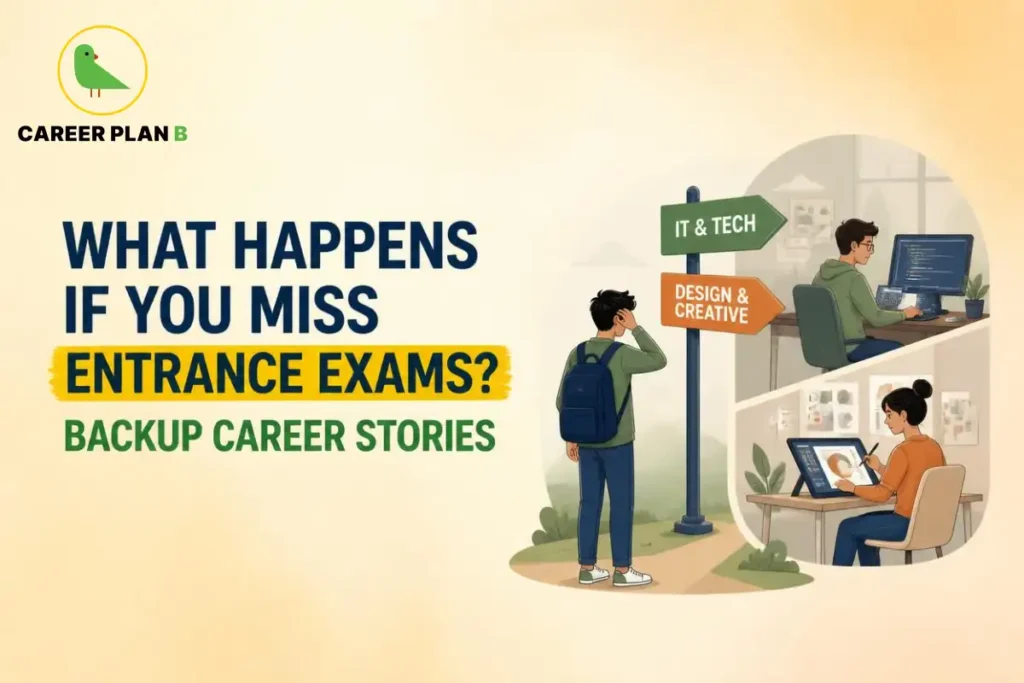 Career Plan B graphic about missing entrance exams and exploring backup career options