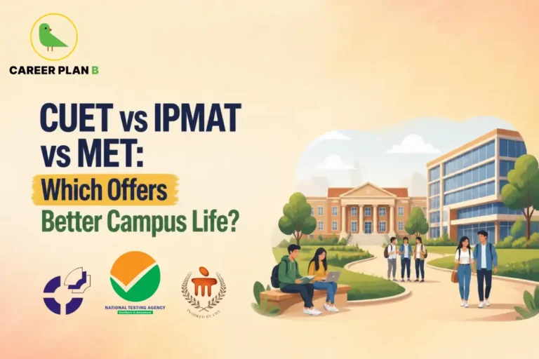 An informative comparison banner by Career Plan B titled "CUET vs IPMAT vs MET: Which Offers Better Campus Life?" featuring an illustration of college students walking and studying together in front of modern university buildings, complemented by official exam logos like NTA at the bottom and the brand's green bird logo in the top left corner.