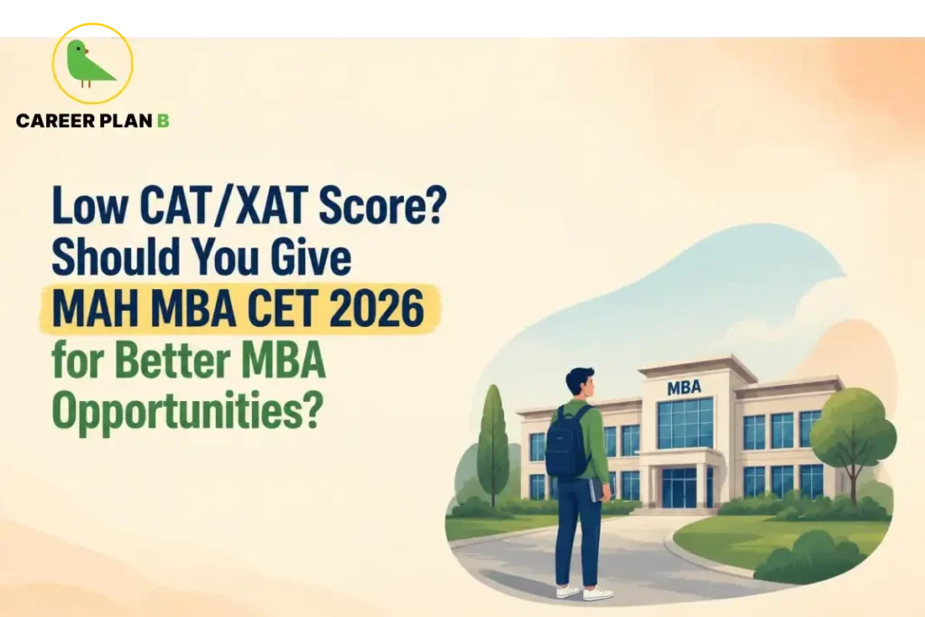 Illustration of MBA college with Career Plan B logo and MAH MBA CET 2026 guidance for low CAT or XAT scores.
