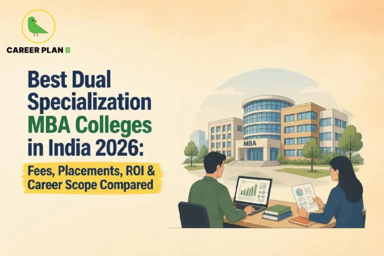Illustration of dual specialization MBA colleges with Career Plan B logo, students, and campus comparison.