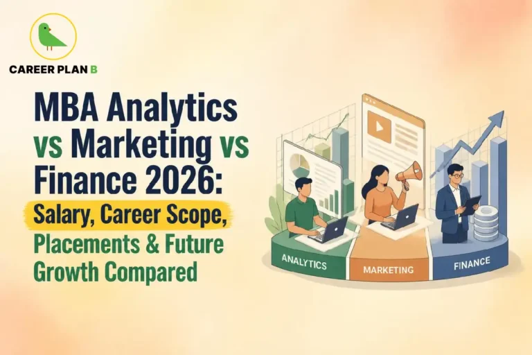 Illustration of MBA analytics, marketing, and finance comparison with Career Plan B logo and career growth charts.