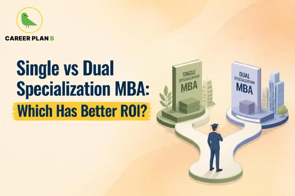 Illustration of single and dual specialization MBA options with Career Plan B logo and ROI comparison.