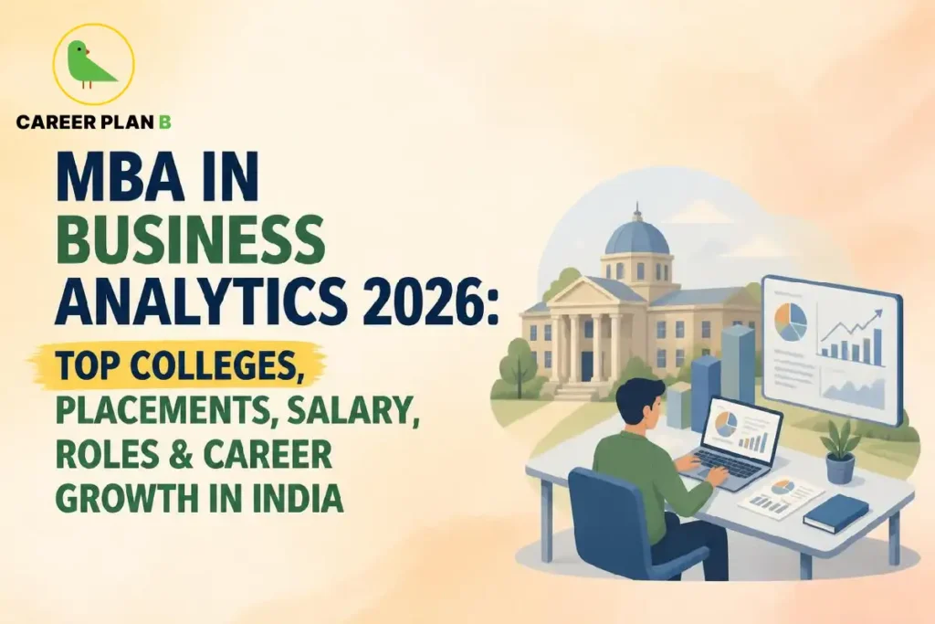 Illustration of MBA in Marketing with Career Plan B logo, digital marketing, brand strategy, and analytics dashboard.