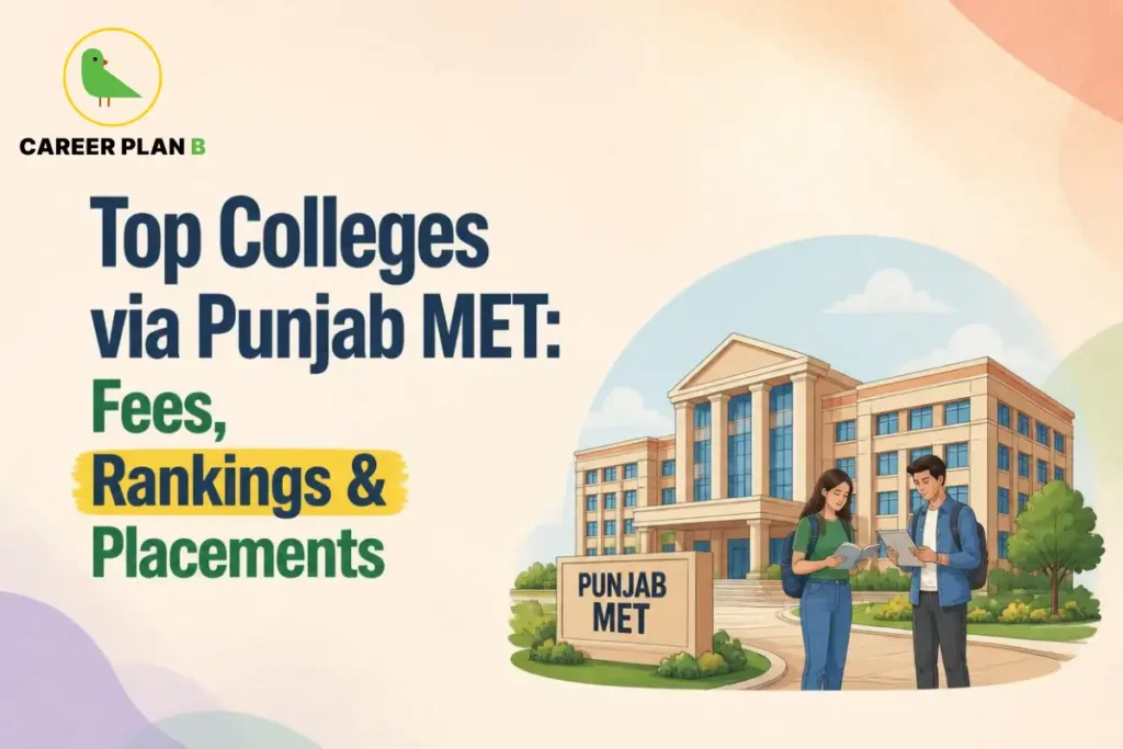Illustration of top colleges accepting Punjab MET scores, showing a college campus, students, and highlighting fees, rankings, and placement opportunities.