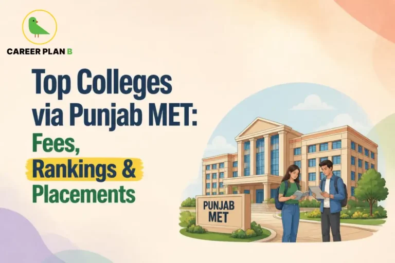 Illustration of top colleges accepting Punjab MET scores, showing a college campus, students, and highlighting fees, rankings, and placement opportunities.