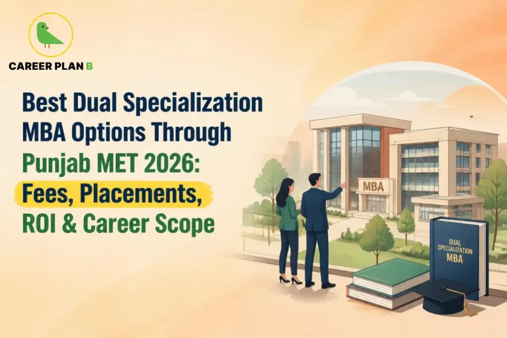 Illustration of dual specialization MBA colleges through Punjab MET 2026, featuring a modern business school campus, students, and highlighting fees, placements, ROI, and career opportunities.