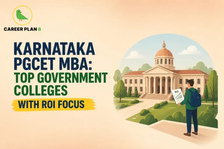 Illustration of Karnataka PGCET MBA government colleges, showing a student reviewing ROI data in front of a government college campus, representing MBA admissions and return on investment.