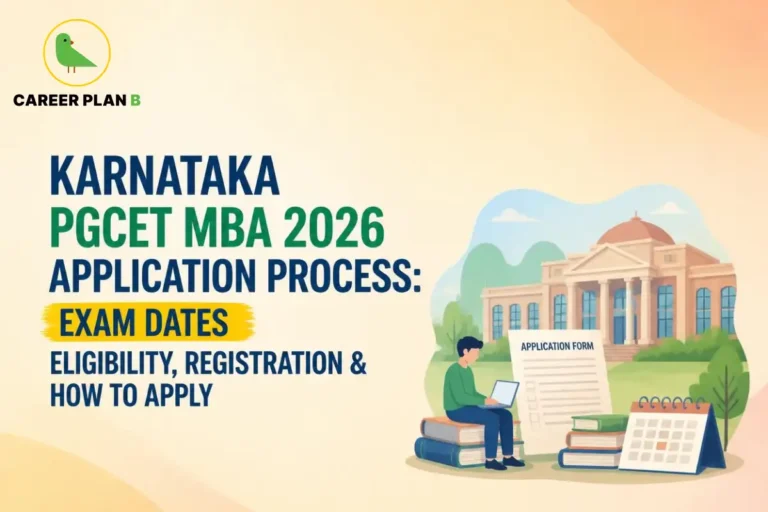 Illustration of the Karnataka PGCET MBA 2026 application process, featuring a student, application form, calendar, and college campus, representing exam dates, eligibility, registration, and the application process.