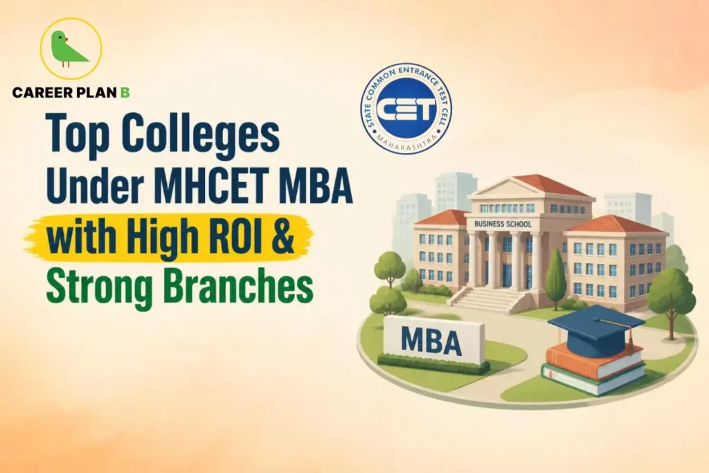 Illustration of top MBA colleges accepting MAH MBA CET scores, featuring a business school campus, graduation cap, and MBA signage, highlighting high ROI and strong specialization options.