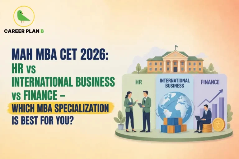 Illustration comparing MAH MBA CET specializations in HR, International Business, and Finance, featuring a business school campus, professionals, and career-themed visuals to represent specialization choices.