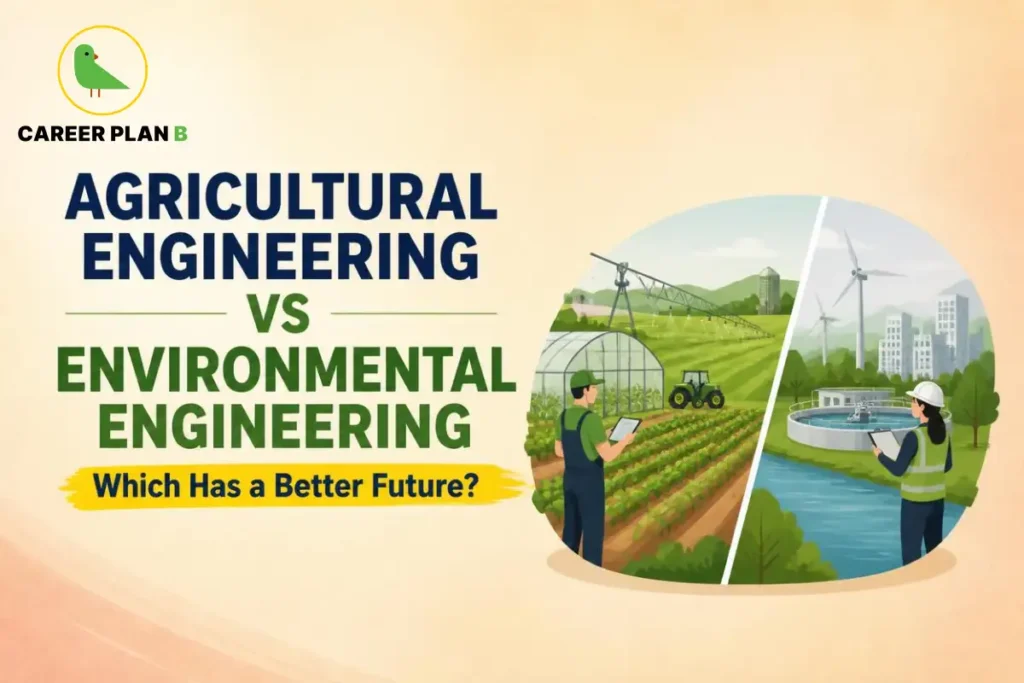 Career Plan B graphic comparing agricultural engineering and environmental engineering, with farming and water management illustrations.