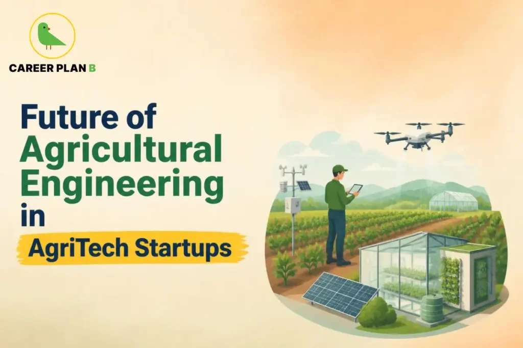 Career Plan B graphic showing the future of agricultural engineering in AgriTech startups with drones, solar panels, and smart farming.