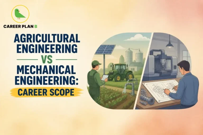Career Plan B graphic comparing agricultural engineering and mechanical engineering career scope with farming and machinery illustrations.