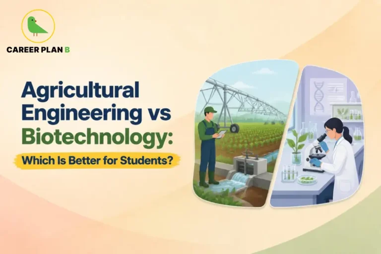 Career Plan B graphic comparing agricultural engineering and biotechnology, featuring irrigation, crop fields, and laboratory research.