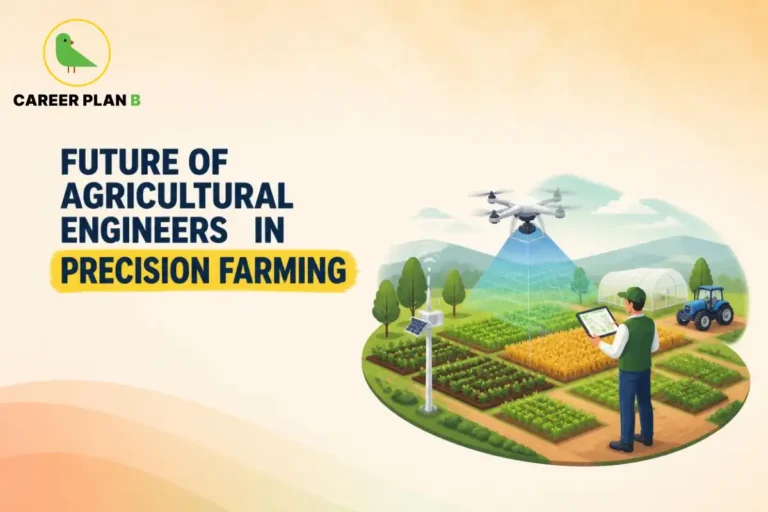 Career Plan B graphic showing agricultural engineers using drones, sensors, and digital tools for precision farming.