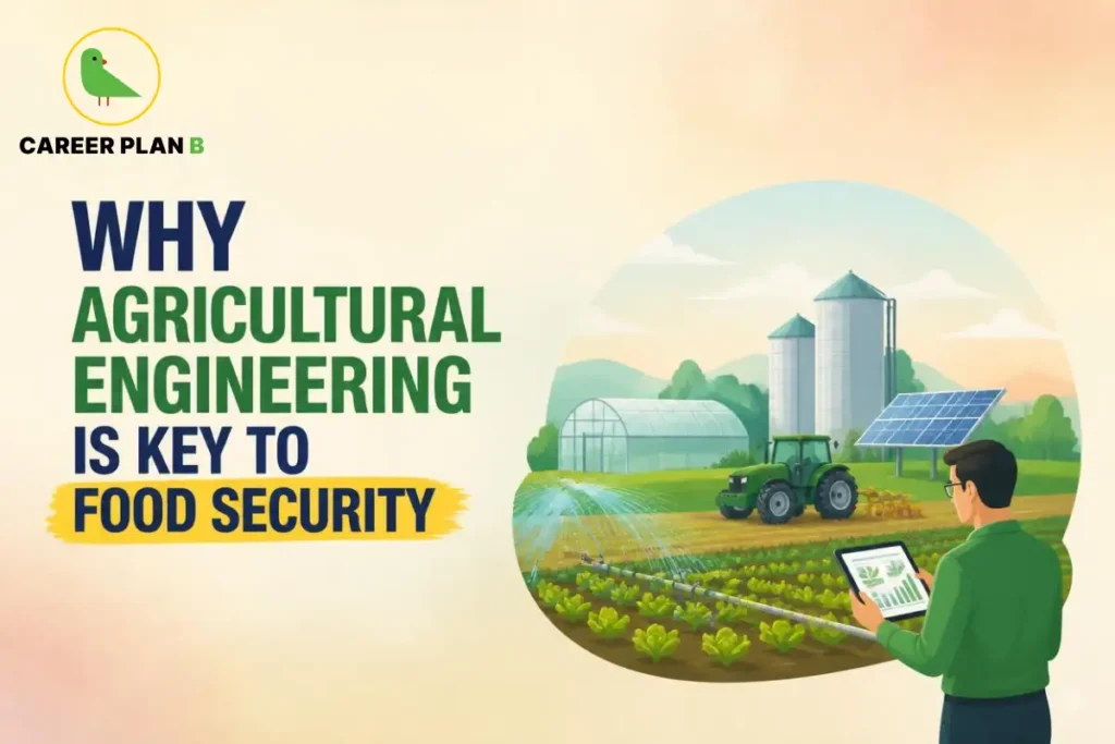 Career Plan B graphic showing agricultural engineering supporting food security through smart irrigation, farming, and solar technology.