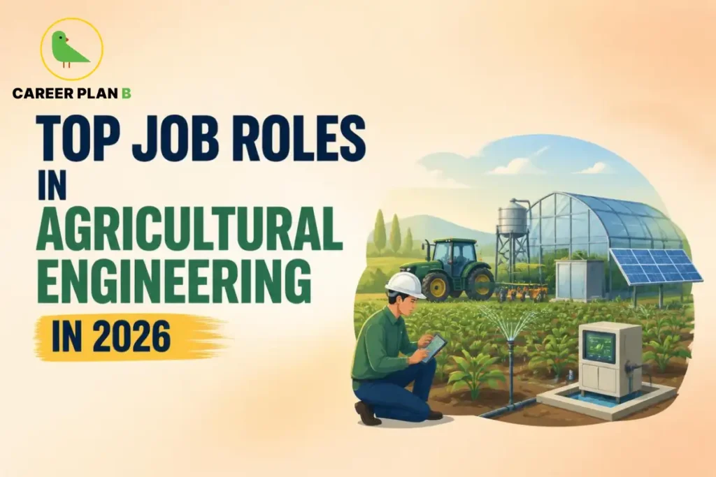 Career Plan B graphic showing top job roles in agricultural engineering in 2026, with smart farming technology and equipment.