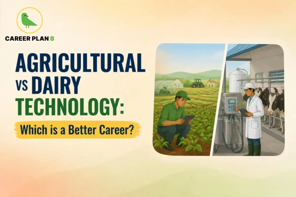 Career Plan B graphic comparing agricultural and dairy technology careers, featuring farming and dairy processing illustrations.