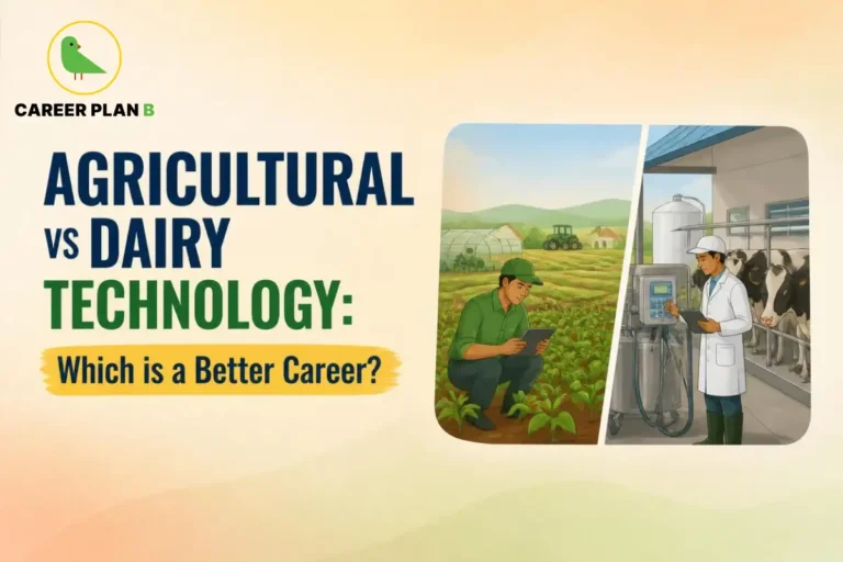Career Plan B graphic comparing agricultural and dairy technology careers, featuring farming and dairy processing illustrations.