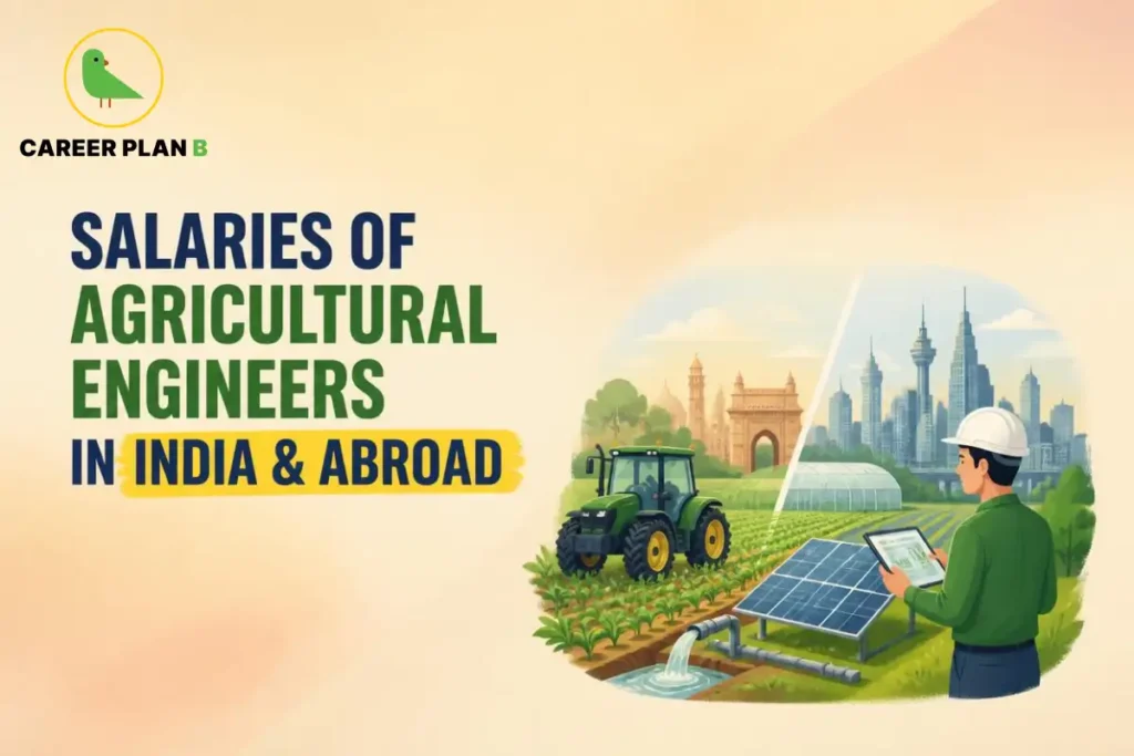 B graphic showing salaries of agricultural engineers in India and abroad, with farming and city illustrations.