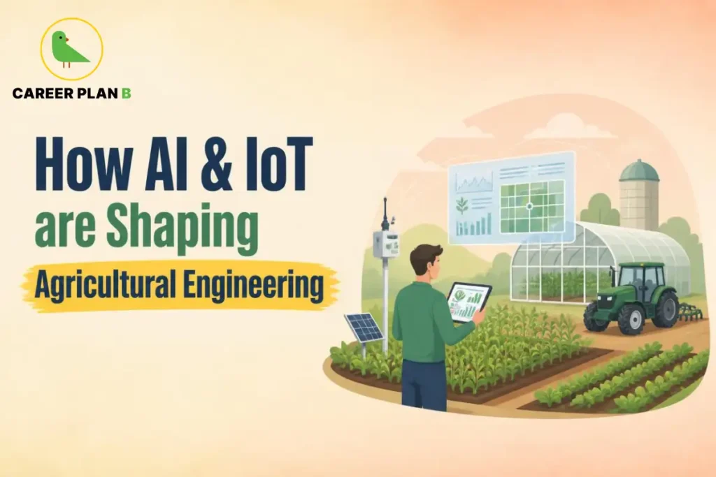 Career Plan B graphic showing how AI and IoT are shaping agricultural engineering through smart farming technology.