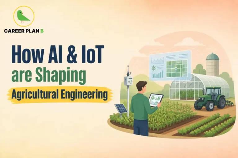 Career Plan B graphic showing how AI and IoT are shaping agricultural engineering through smart farming technology.