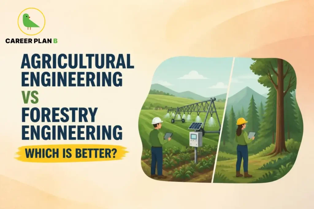 Career Plan B graphic comparing agricultural engineering and forestry engineering with farming and forest illustrations.