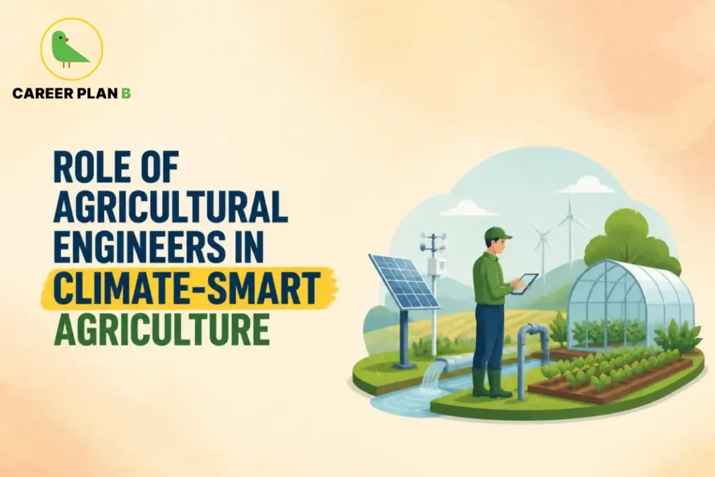 Career Plan B graphic showing agricultural engineers using solar power, irrigation, and greenhouses for climate-smart agriculture.