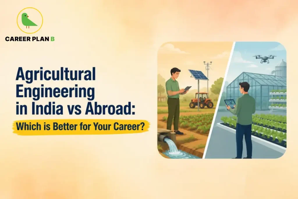 Career Plan B graphic comparing agricultural engineering careers in India and abroad, featuring smart farming and greenhouse technology.