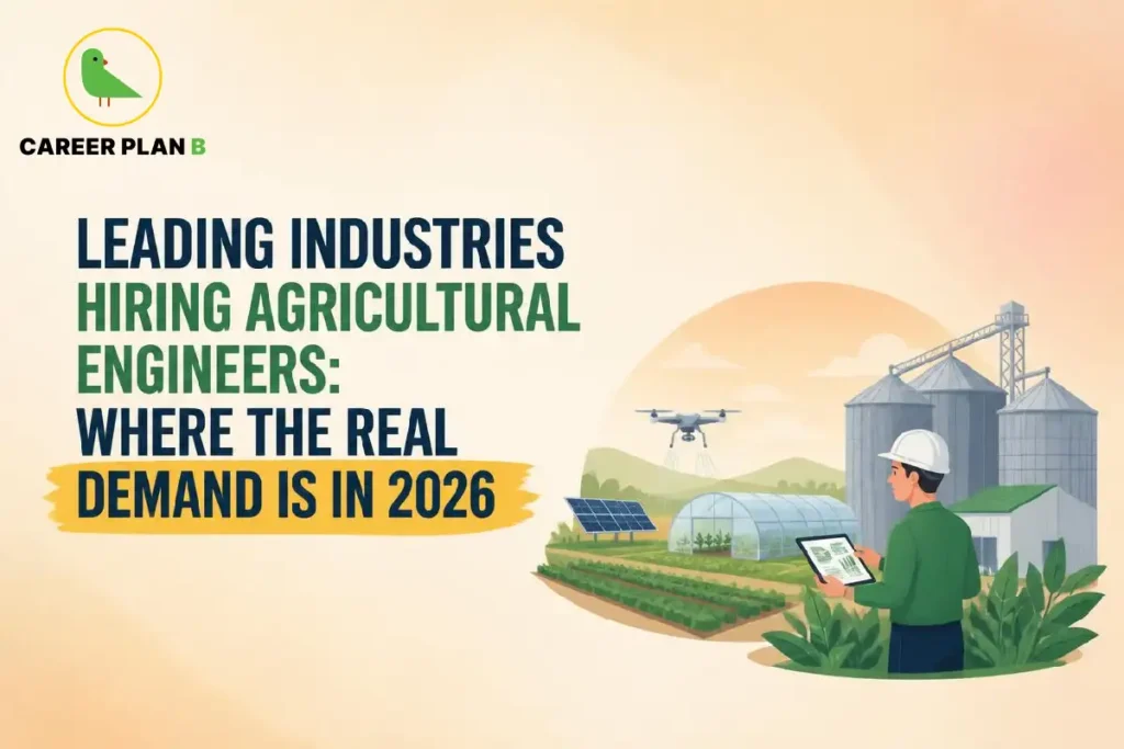 Career Plan B graphic showing leading industries hiring agricultural engineers and smart farming technology in 2026.
