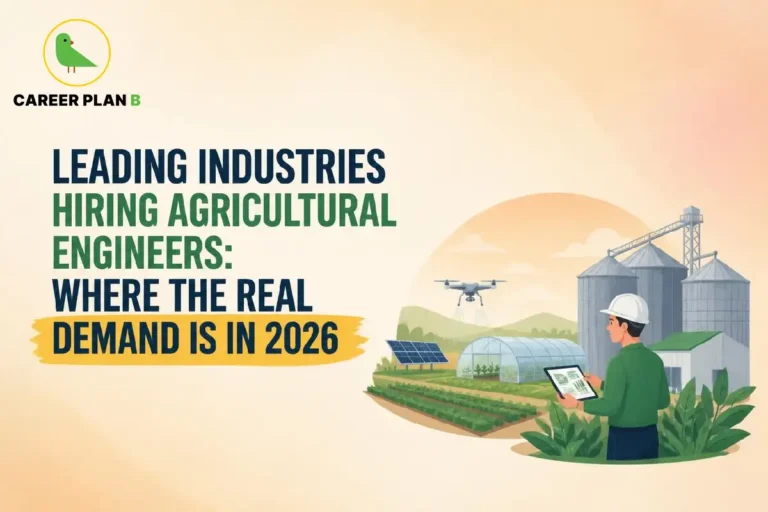 Career Plan B graphic showing leading industries hiring agricultural engineers and smart farming technology in 2026.