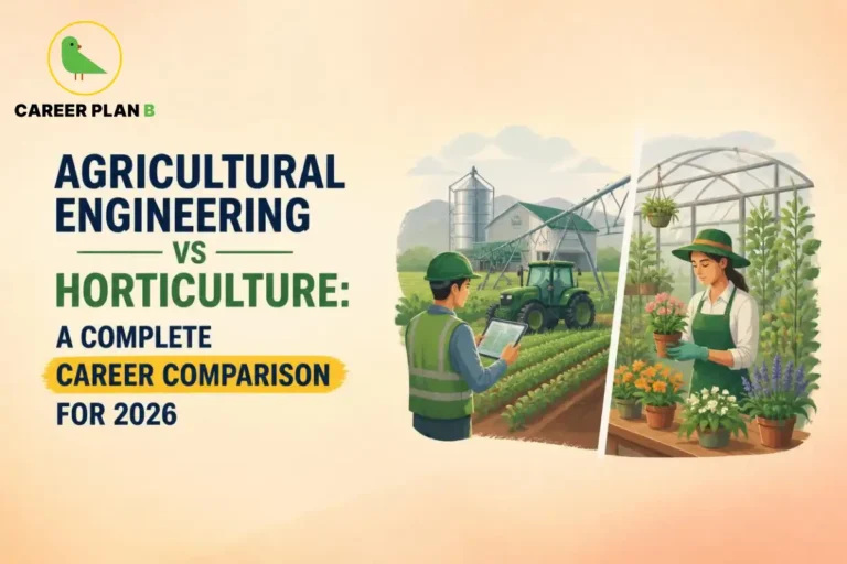 Career Plan B graphic comparing agricultural engineering and horticulture careers, featuring farming and greenhouse cultivation.