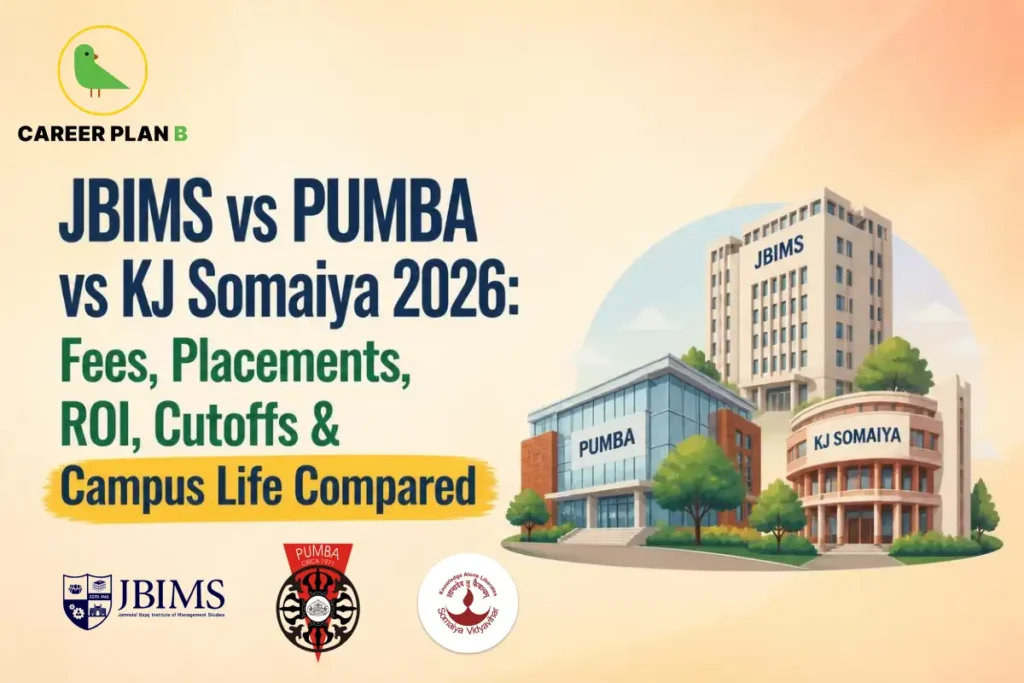 Illustration comparing JBIMS, PUMBA, and KJ Somaiya MBA colleges, highlighting fees, placements, ROI, cutoffs, and campus life with campus buildings and institute logos.