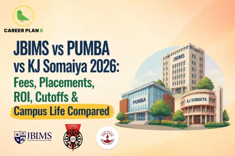 Illustration comparing JBIMS, PUMBA, and KJ Somaiya MBA colleges, highlighting fees, placements, ROI, cutoffs, and campus life with campus buildings and institute logos.