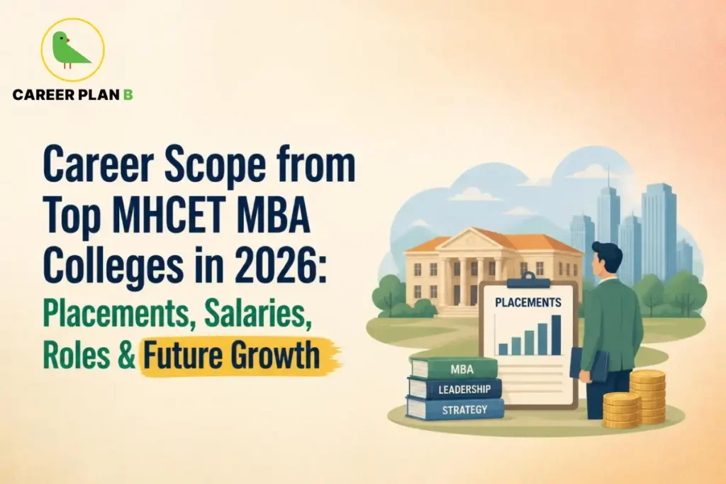 Illustration of career opportunities after graduating from top MAH MBA CET colleges, featuring a business school, placement chart, MBA books, and a student, highlighting placements, salaries, job roles, and future career growth.