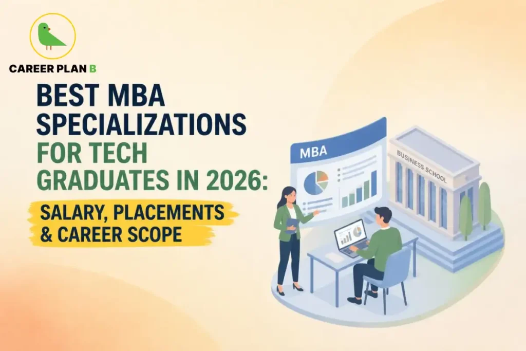 Illustration of MBA specializations for tech graduates, featuring a business school, students analyzing data, and presentation charts, highlighting salary, placements, and career opportunities in 2026.