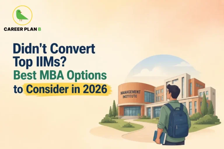 Illustration of a student exploring alternative MBA colleges after not converting top IIMs, featuring a management institute campus and highlighting MBA options available in 2026.