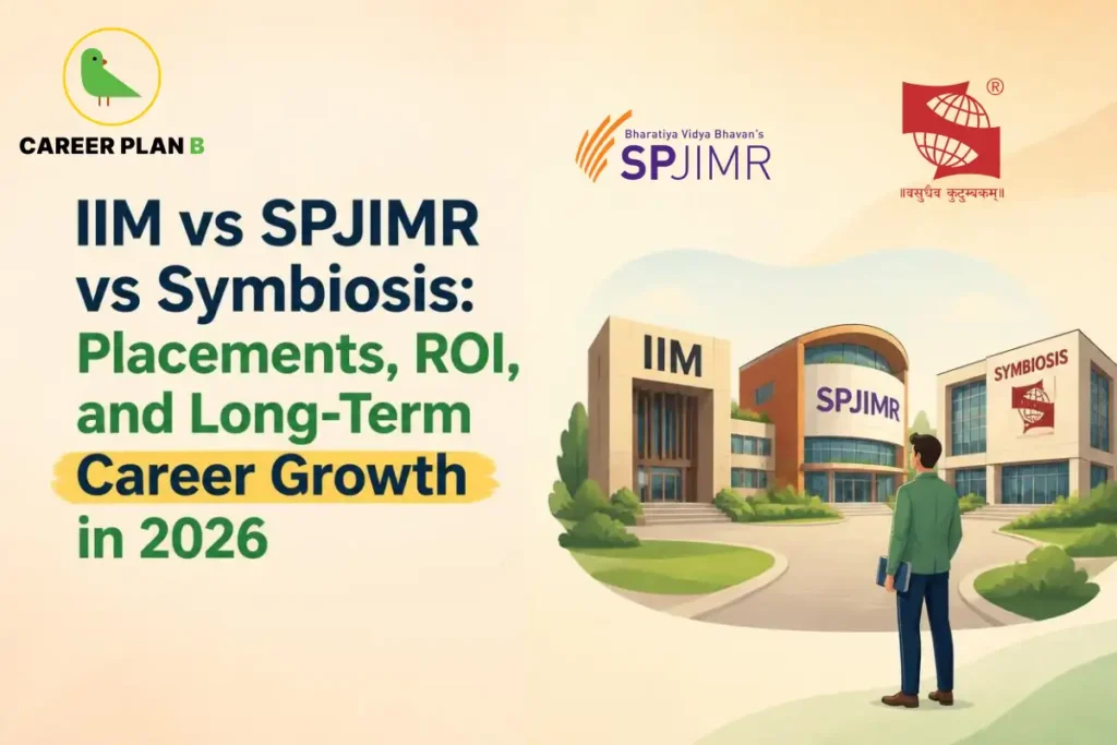 Illustration comparing IIM, SPJIMR, and Symbiosis for MBA admissions, featuring campus buildings, institute logos, and a student evaluating placements, ROI, and long-term career growth in 2026.