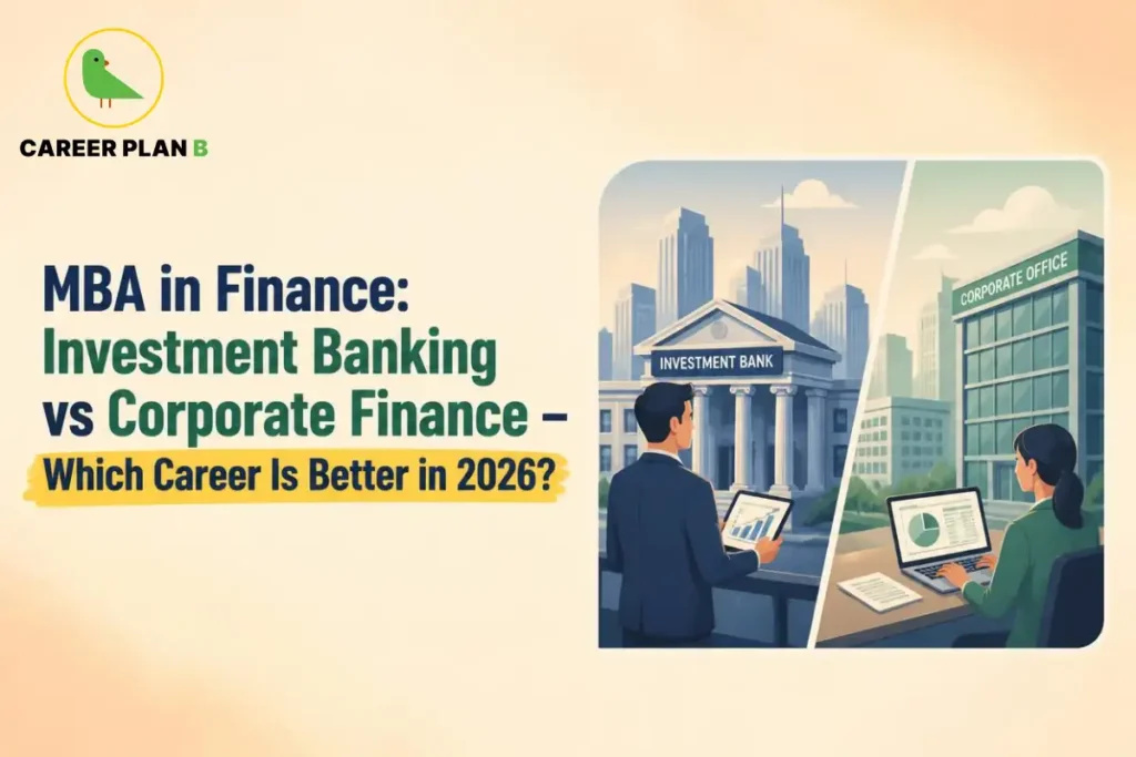 Illustration comparing MBA in Finance career paths—Investment Banking and Corporate Finance—showing an investment bank, corporate office, finance professionals, and analytics dashboards for a 2026 career comparison.