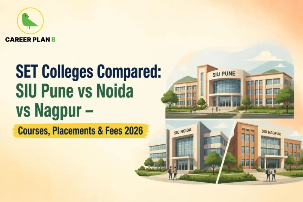 Illustration comparing SET colleges—SIU Pune, SIU Noida, and SIU Nagpur—highlighting campus buildings, courses, placements, and fee comparison for 2026 admissions.