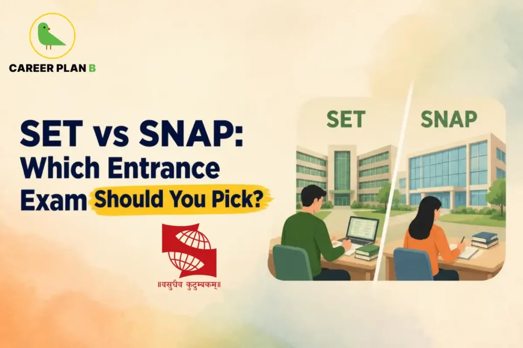 Illustration comparing the SET and SNAP entrance exams, showing students preparing at separate campuses, with a focus on helping aspirants choose the right Symbiosis entrance exam.